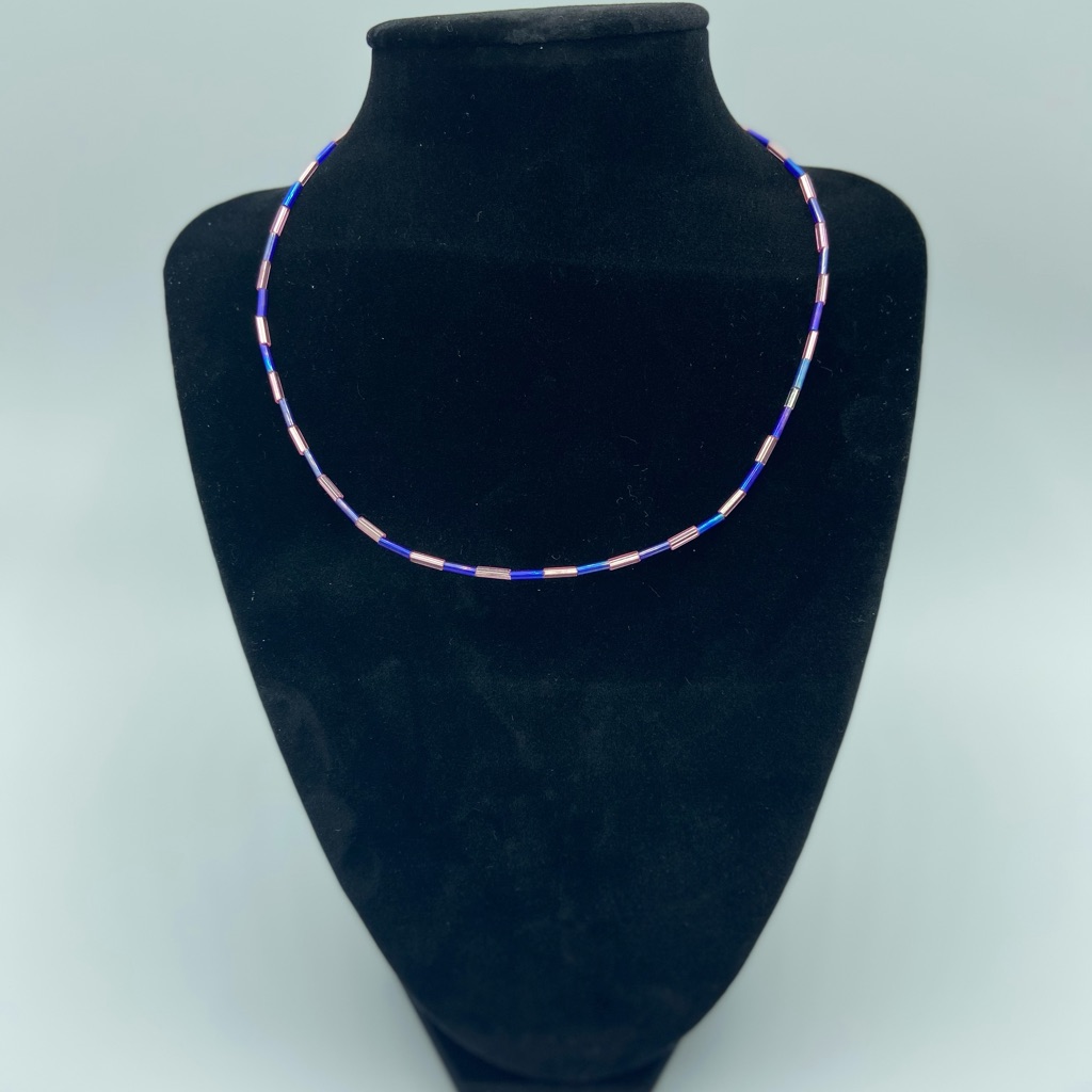 Glass Bugle Bead Blue & Pink Necklace/Choker